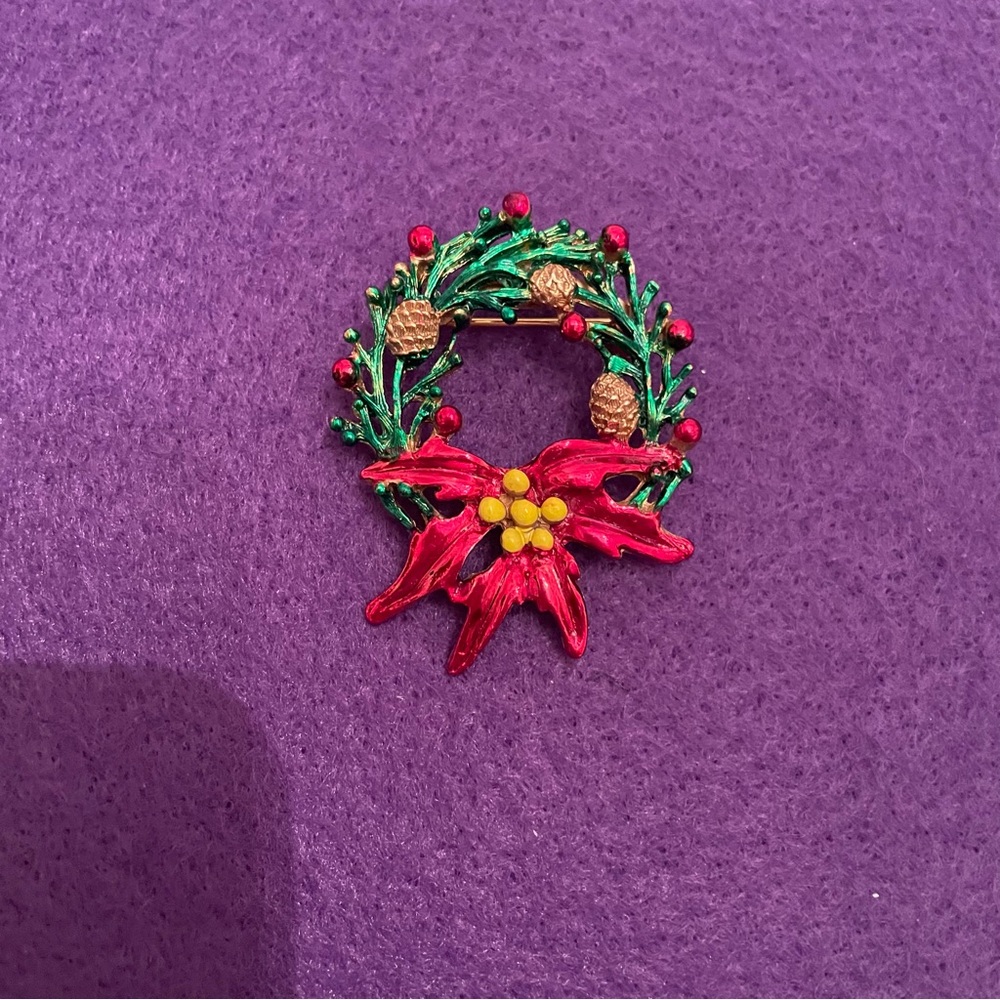 Vintage Mylu Wreath Brooch with Red and Green Accents